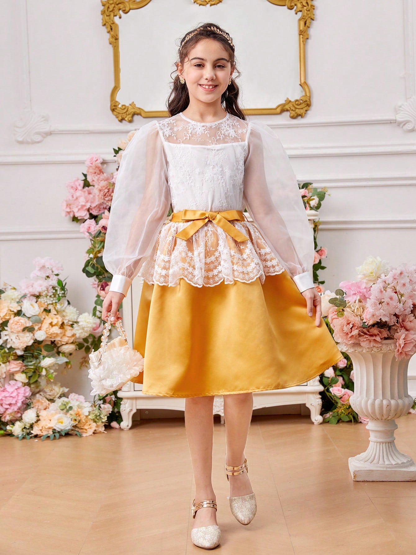 Tween Girl Round Neck Lantern Sleeve Sheer Embroidered Blouse With Detachable Waist Belt And Skirt Two Piece Set