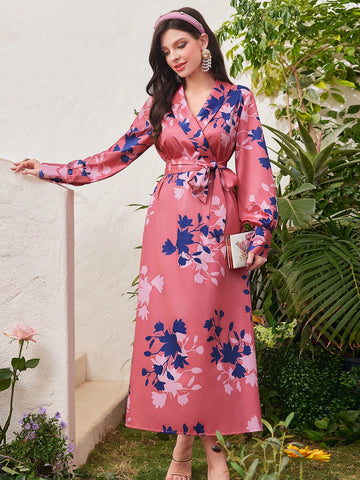 Women's Off-Shoulder Belted Long Sleeve Dress