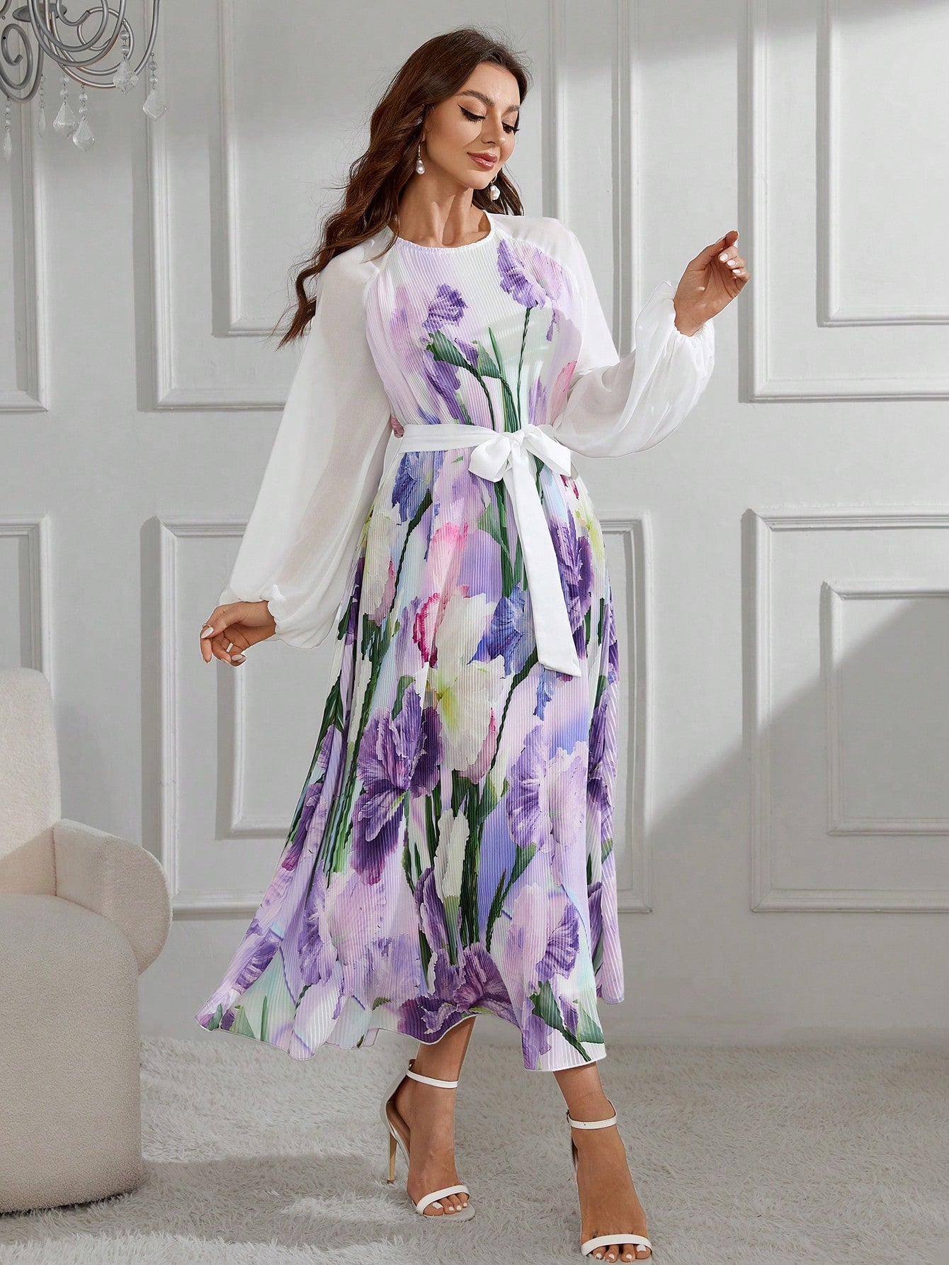 Women's Floral Print Raglan Long Sleeve Belted Dress