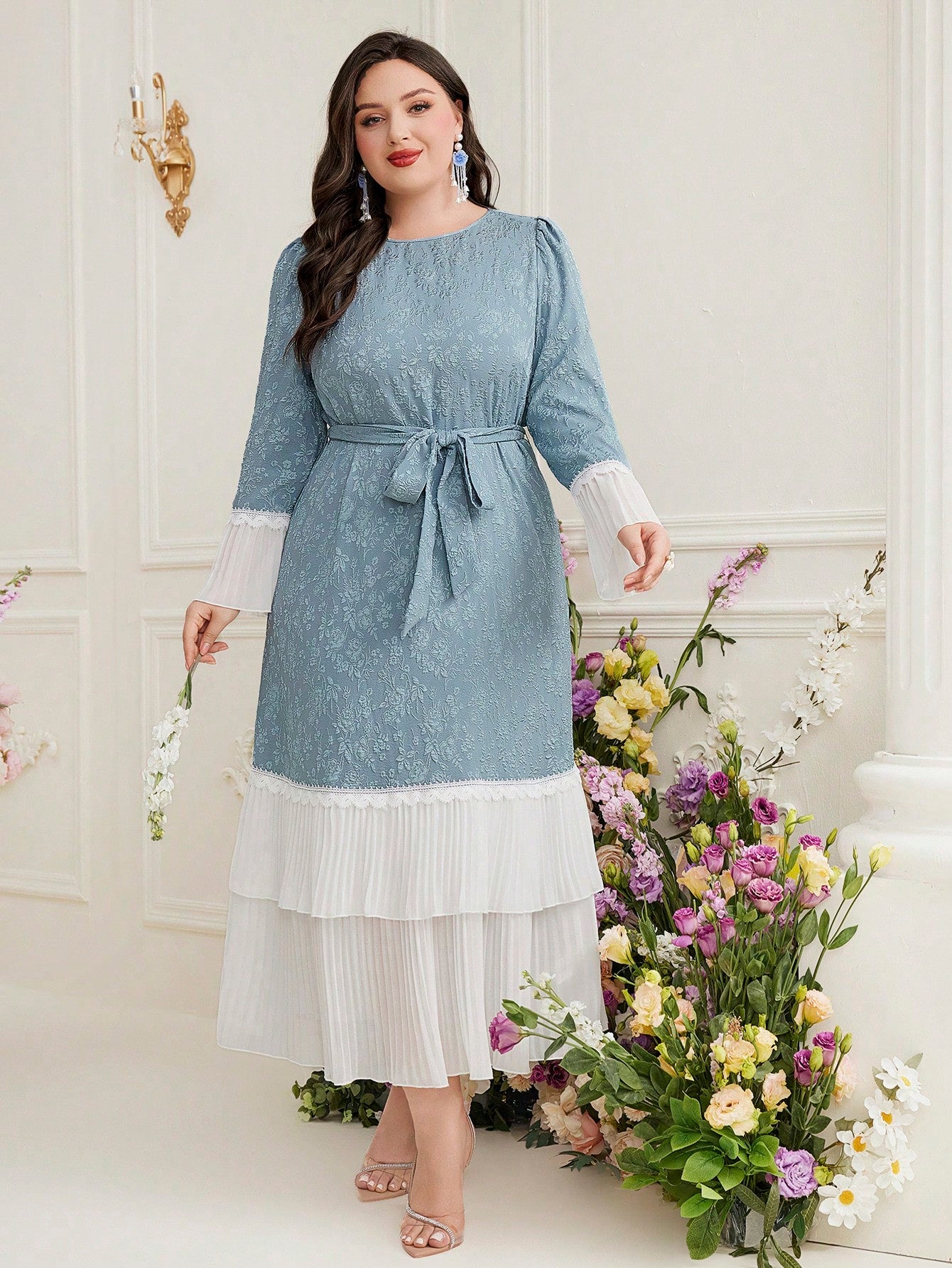 Plus Size Jacquard Spliced Flare Sleeve Dress