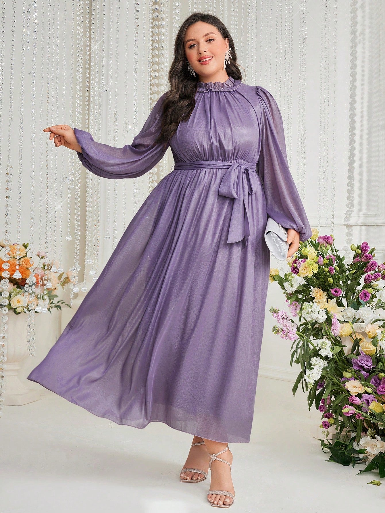 Plus Size Solid Color Lantern Sleeve Dress With Frill Collar For Casual Occasions