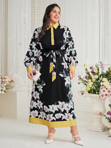 Plus Size Colorblock Floral Print Dress With Print Placement