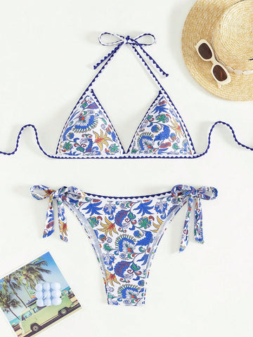 Women's Plant Print Halter Strap Two Piece Swimsuit