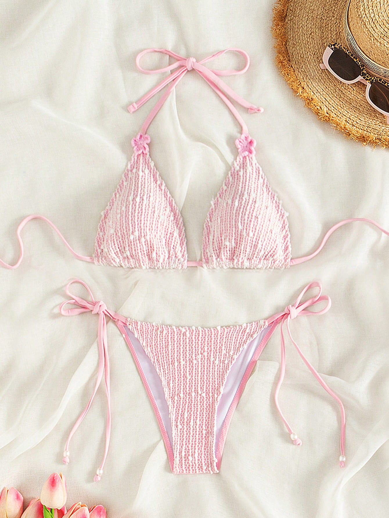 Women's Bikini Set With 3d Flower Decoration, Knot Front And Side Tie Detail