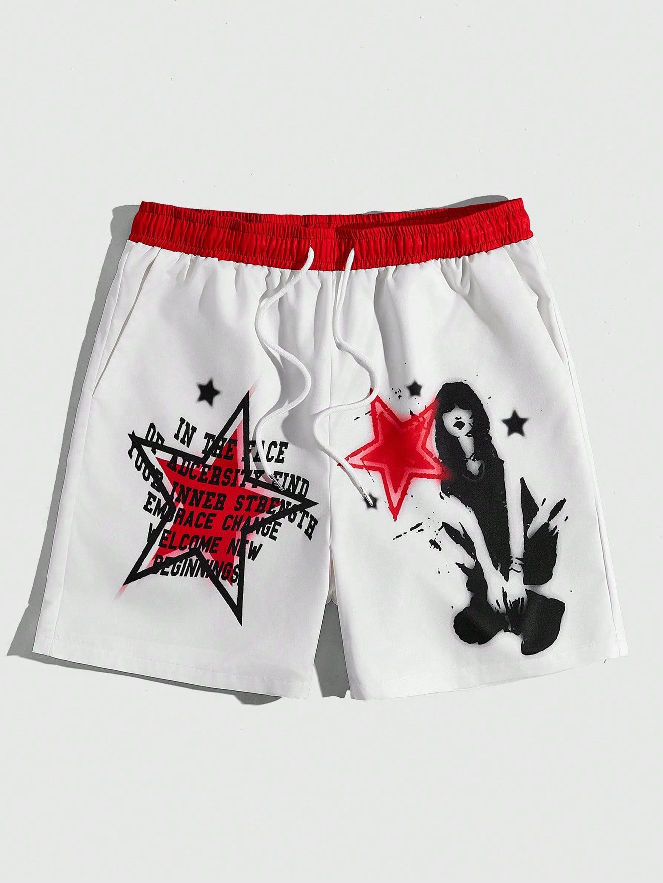 Men's Character & Star & Slogan Pattern Color Blocking Drawstring Waist Shorts