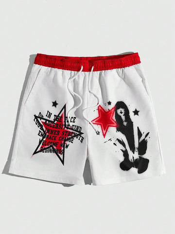 Men's Character & Star & Slogan Pattern Color Blocking Drawstring Waist Shorts