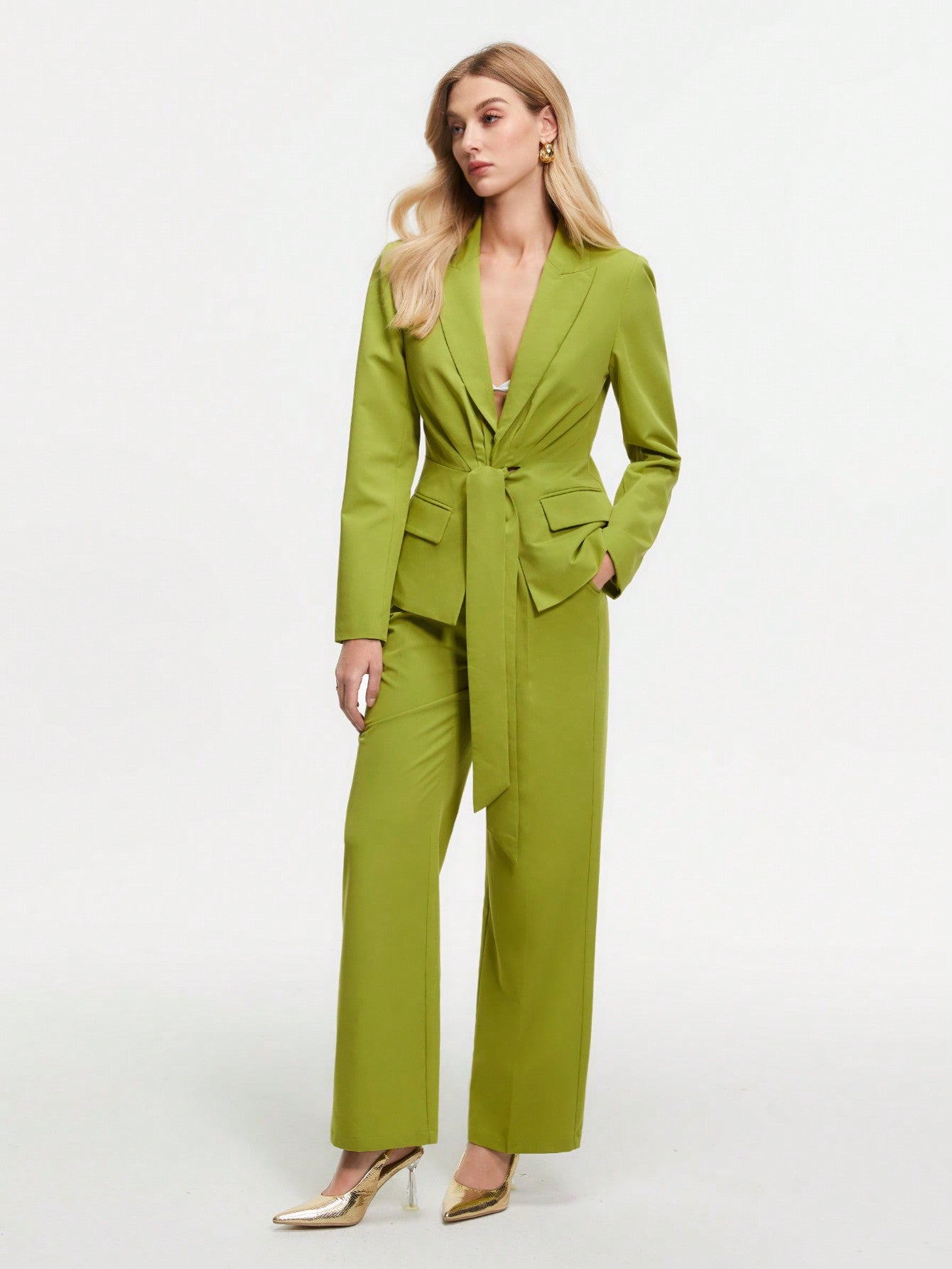 Ladies' Sharp Point Collar Long Sleeve Blazer And Pants Suit Set