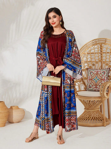 1pc Women's Full-Printed Kaftan With Flared Sleeves