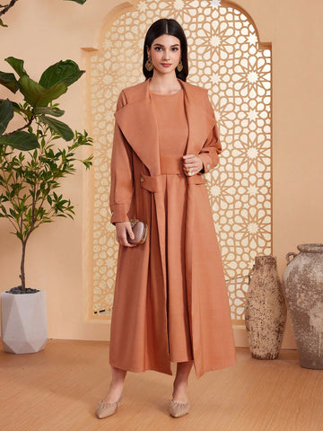 Two Pieces Set: Open Front Long Sleeve Coat And Dress (Without Need For A Second Piece Of Clothing)