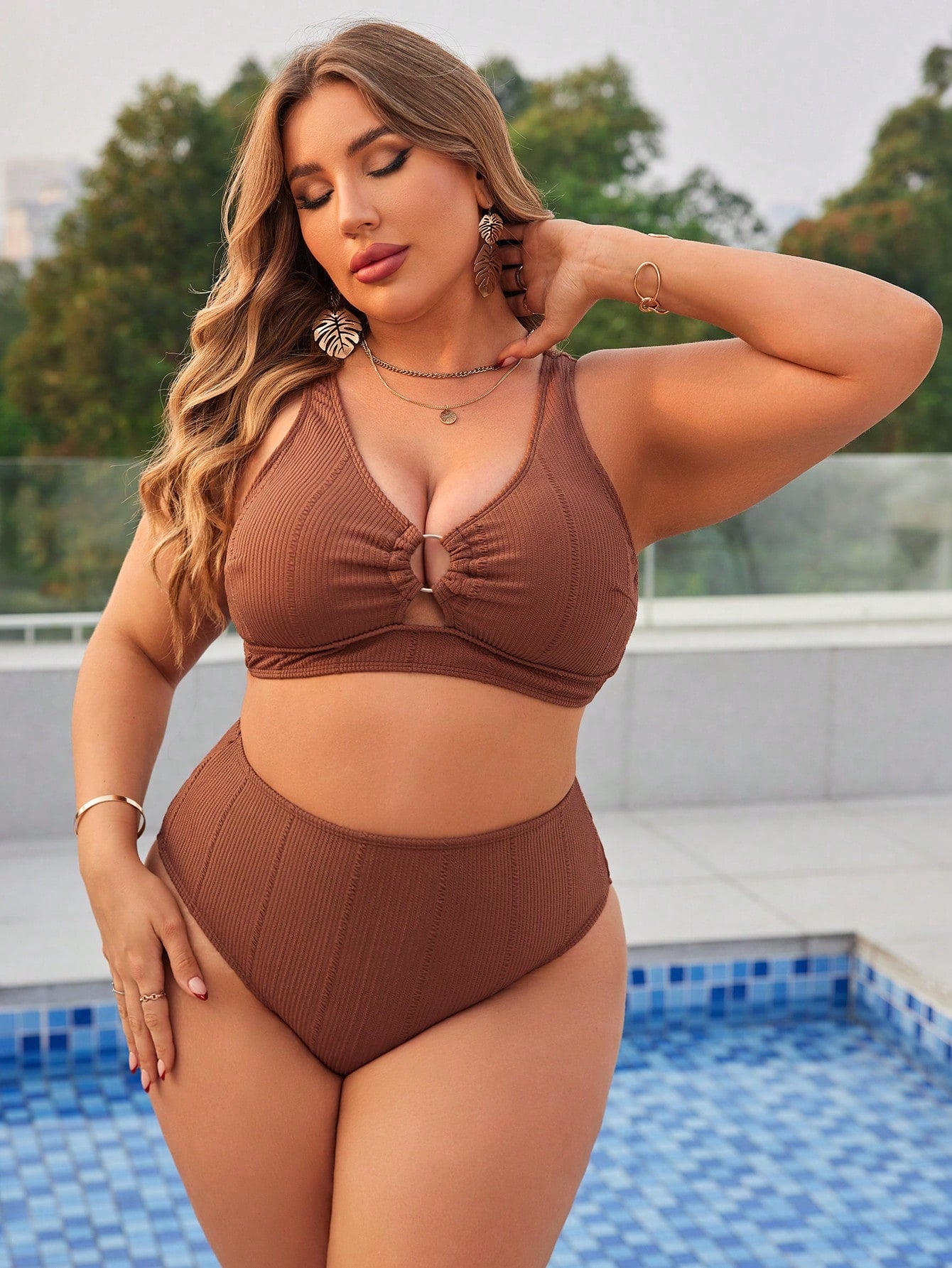 Plus Size Women's Solid Color Round Ring Connection Bikini Set Summer Beach