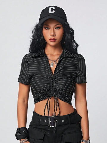 Striped Short Cropped Shirt With Drawstring Collar