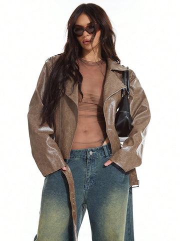 Washed PU Oversized Cropped Biker Jacket