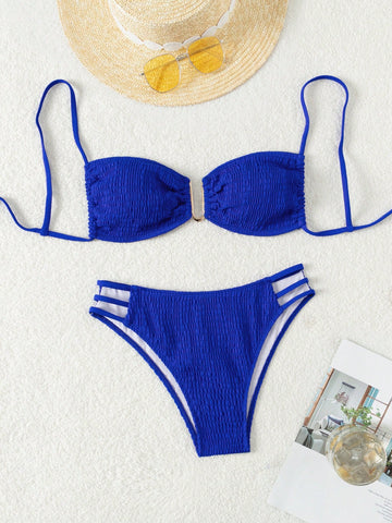 Women's Solid Color Bikini Set With U-Shaped Metal Buckle Decoration