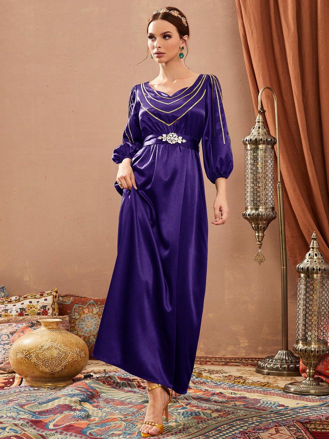 Women's Lantern Sleeve Sequined Patchwork Belted Style Dress