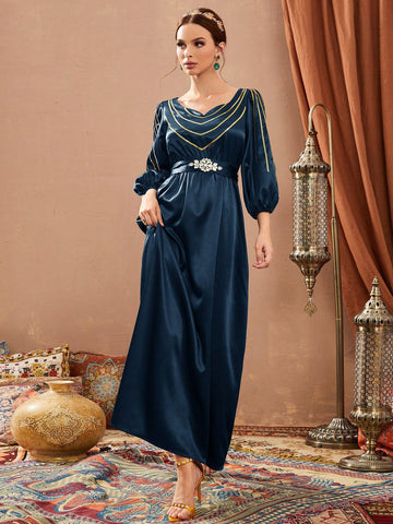 Women's Sparkly Patchwork Lantern Sleeve Belted Arabic Style Dress