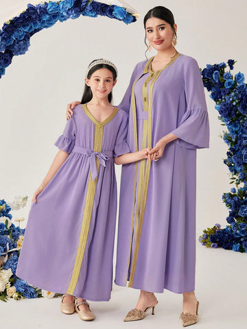 Ladies' Contrast Color V-Neck Sleeveless Dress With Bell Sleeve Coat Kaftan Set 2pcs/Set