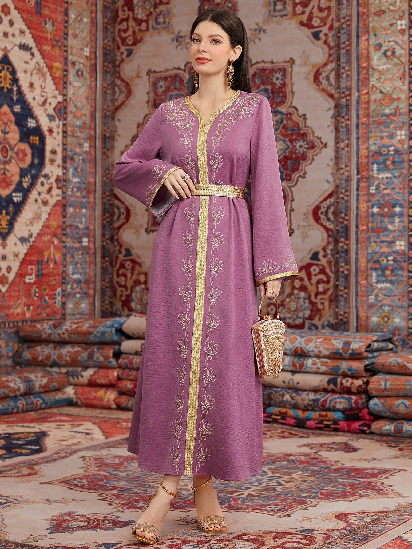 Women's Gold-Toned Belted Arabic Dress