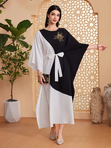 Women's 3d Flower Decor Color Block Arabian Style Dress