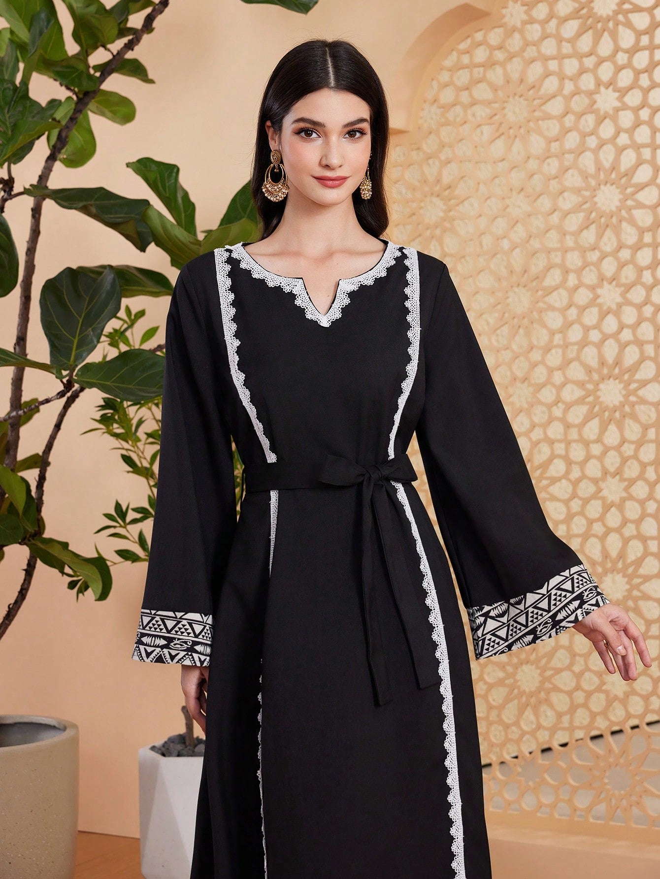 Women's Geometric Printed Lace Spliced Turkish Long Shirt