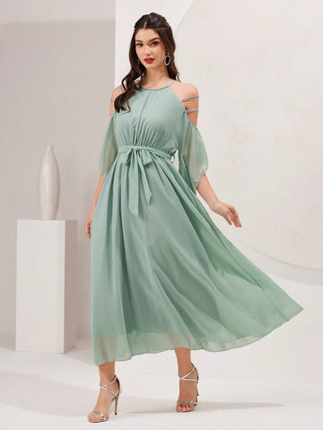 Open Shoulder Double-Layered Tie-Up Design Dress