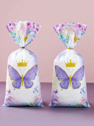 25pcs/Set Purple Butterfly Style Gift Bag With Twist Tie, Butterfly Theme Holiday Birthday Party Gift Packaging Supplies