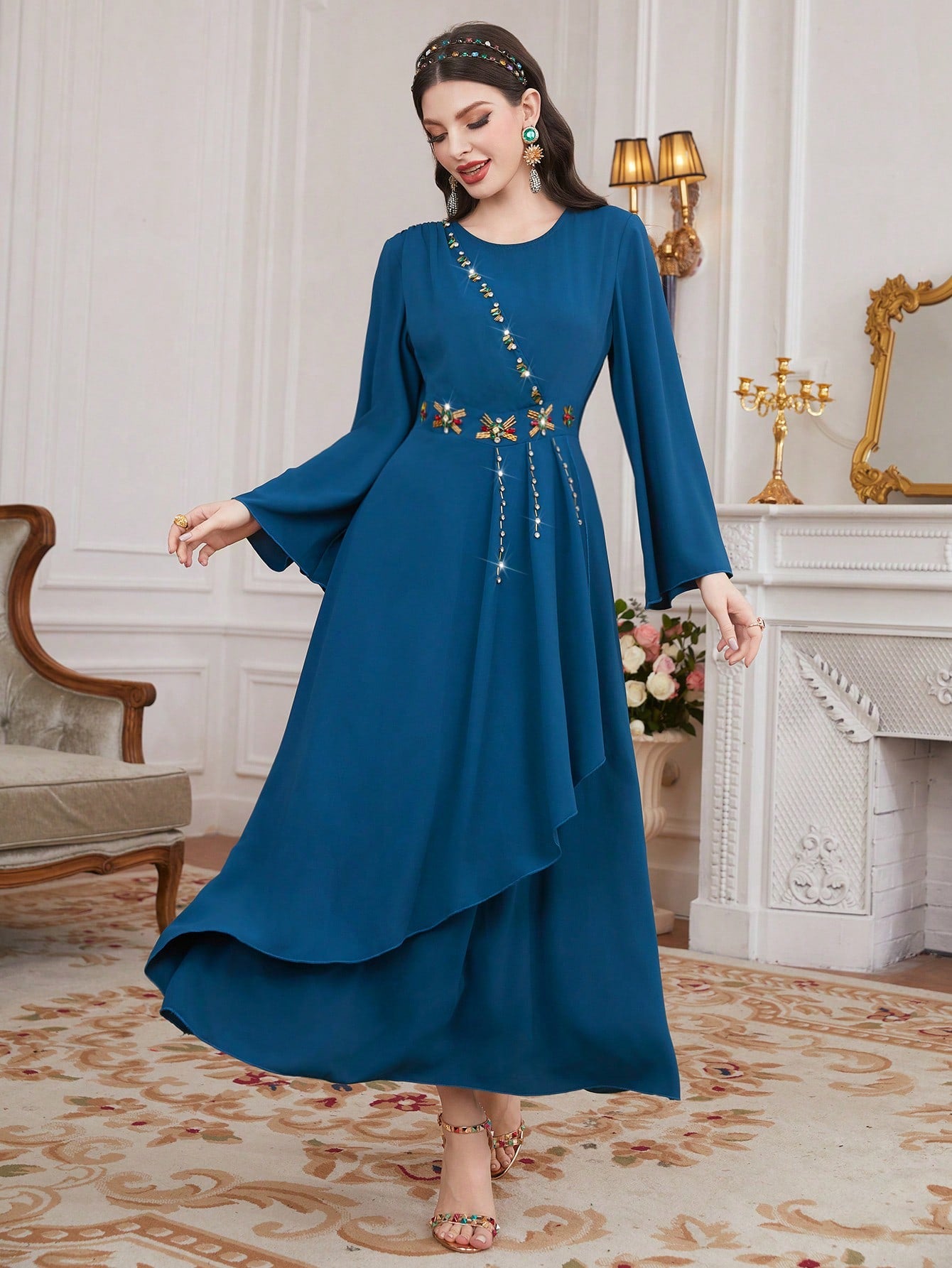 Women's Arabian Style Dress With Rhinestone Wrapped Hem