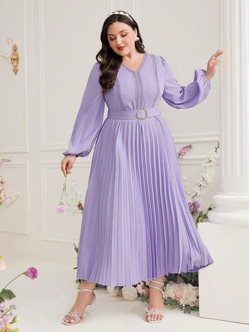 Plus Size Lace Patchwork Lantern Sleeve Dress