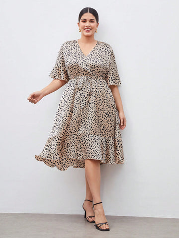 Plus Size Women's Polka Dot Print Waist-Cinching Dress