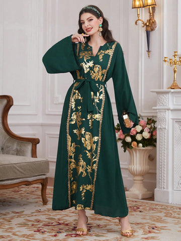 Golden Foil Printed Patchwork Ribbon Bell Sleeve Dress