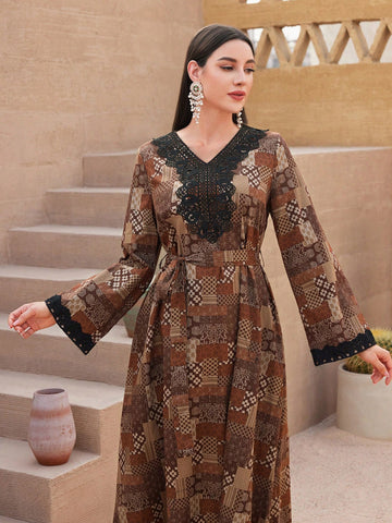 Ladies' Full Printed Lace Spliced Arabic Style Dress