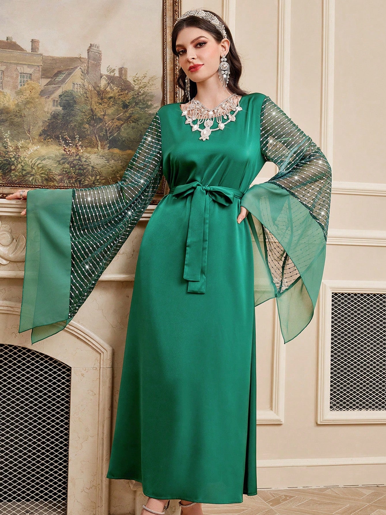 Women's Arabian Dress With Embellished Mesh Fabric And Flared Sleeves