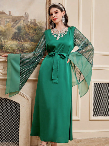 Women's Arabian Dress With Embellished Mesh Fabric And Flared Sleeves