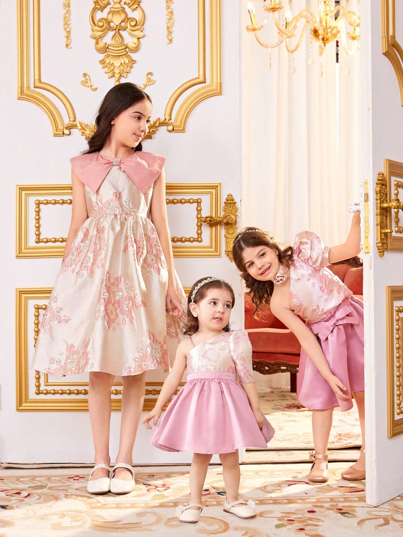 Young Girls' Matching Vibrant Oblique-Shoulder Leg-Of-Mutton Short Sleeve Top And A-Line Skirt Set With Draped Sleeves