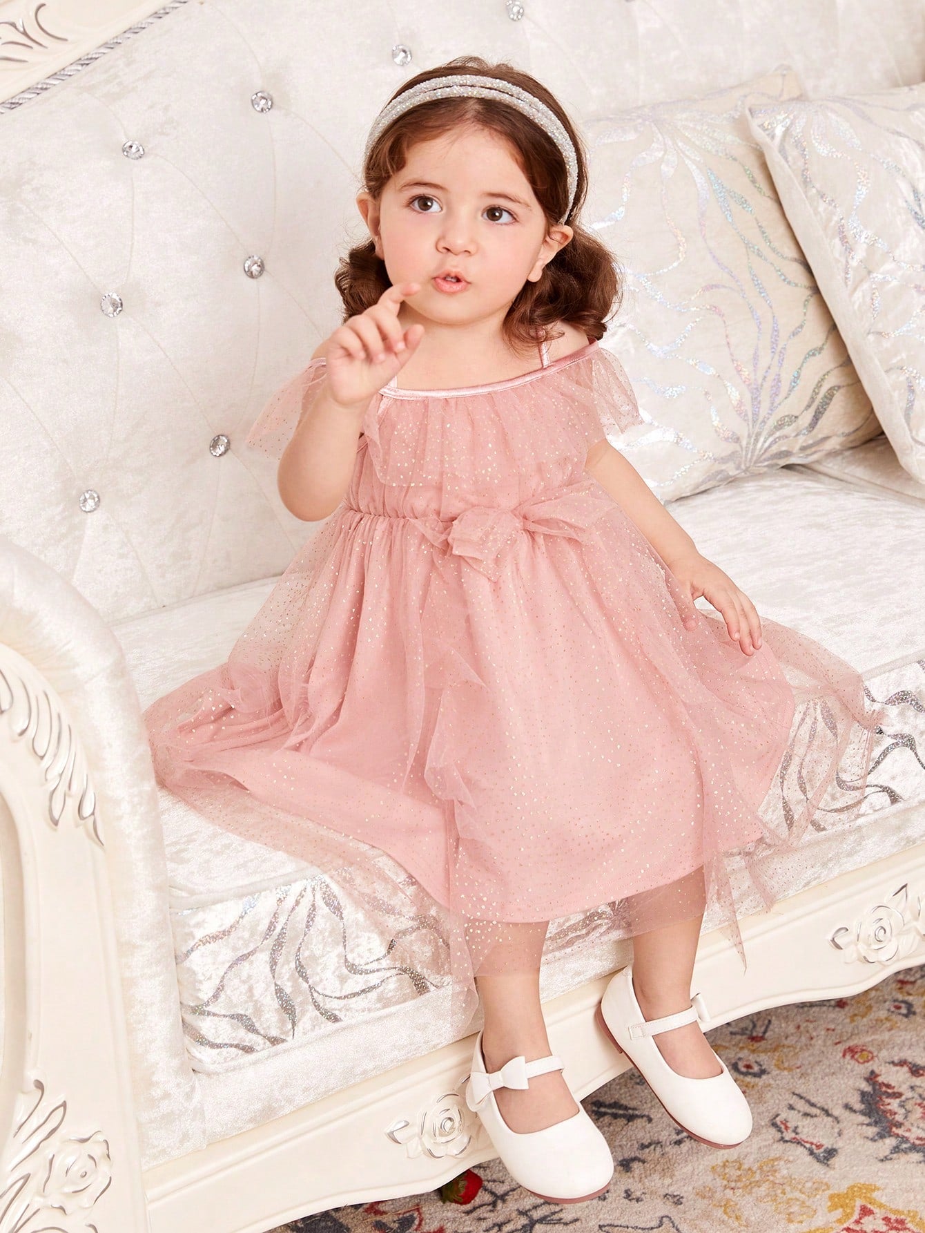 Elegant Baby Girl's Mesh Dress With Ruffle Hem, Silver Hot Stamping Detail & Spaghetti Strap (Midi Length)