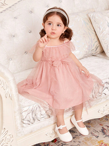 Elegant Baby Girl's Mesh Dress With Ruffle Hem, Silver Hot Stamping Detail & Spaghetti Strap (Midi Length)