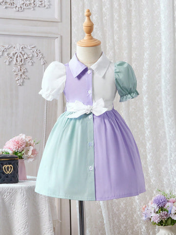 Spring/Summer Baby Girl Colorblock Bubble Sleeve Cute Daily/Casual Dress In Purple, Green And White