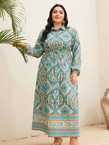 Women's Plus Size Printed Arabic Shirt Dress