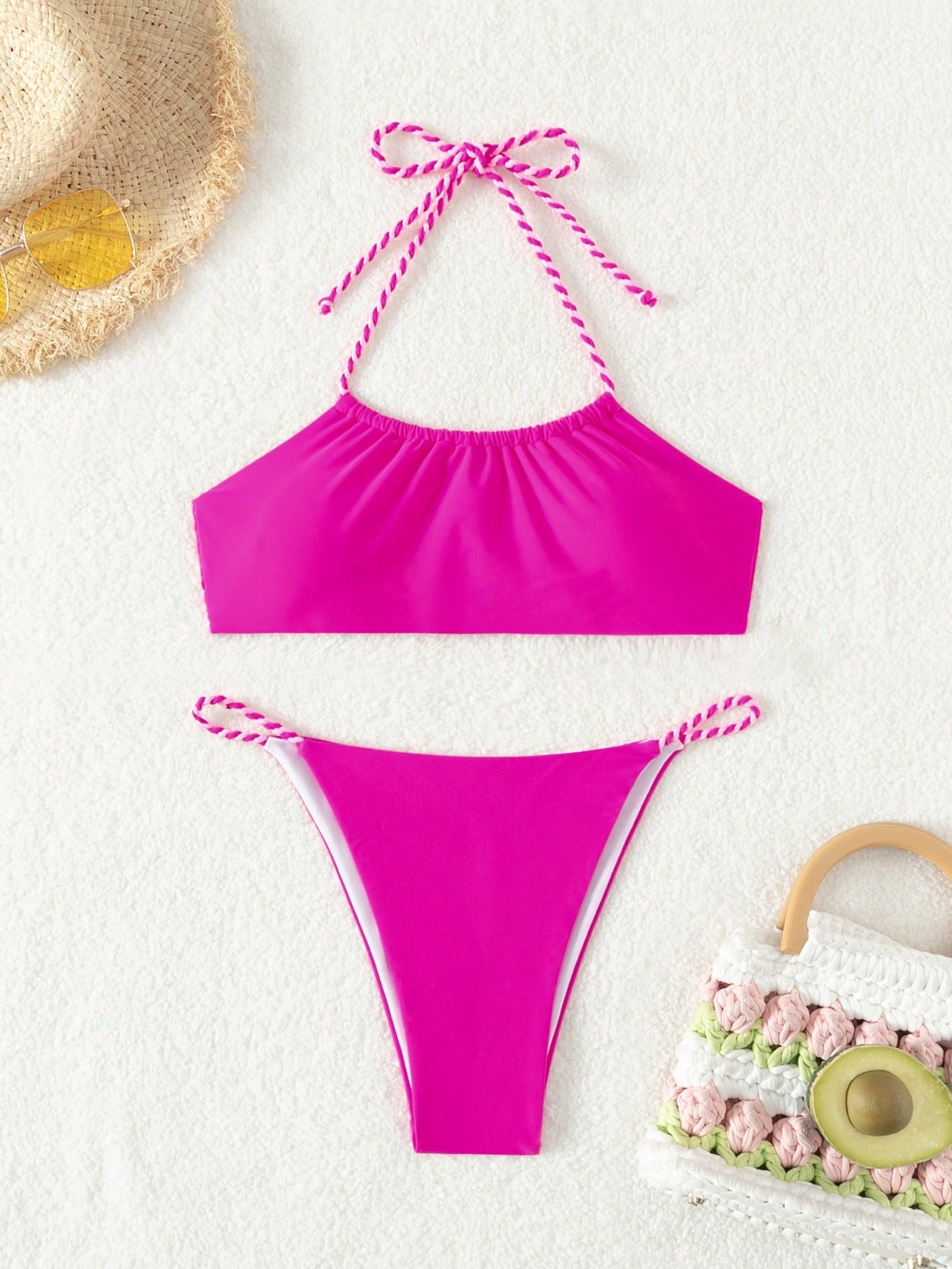 Women's Solid Color Halter Strap Tie Back Separates Swimwear, Two Piece Swimwear