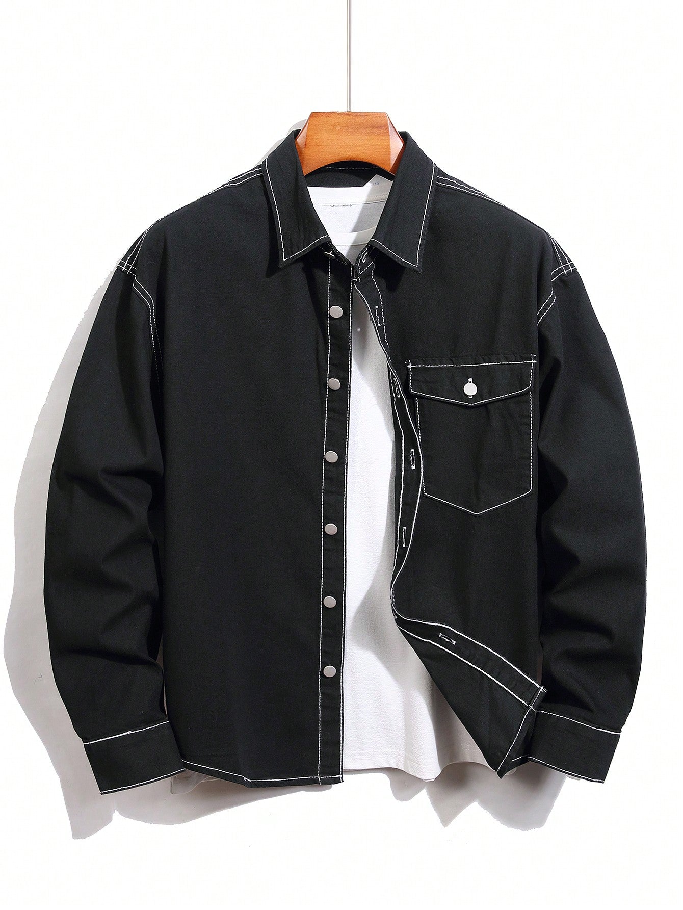 Men's Color Block Contrast Stitching Button Front Denim Shirt