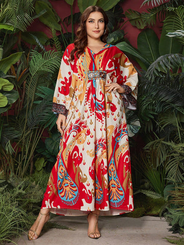 Plus Size Full Printed V-Neck Batwing Sleeve Dress