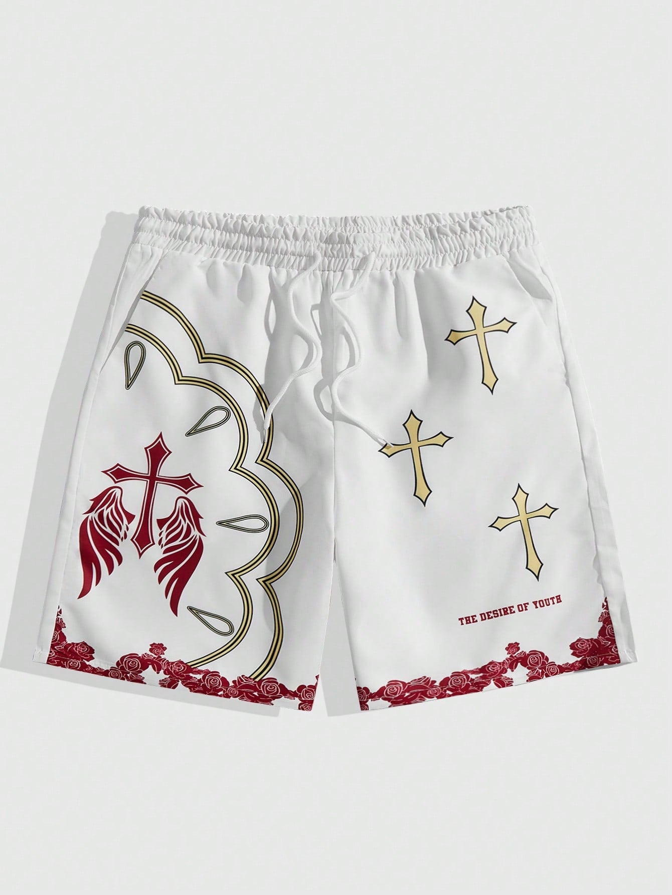 Men's Drawstring Waist Shorts With Wing & Cross Print