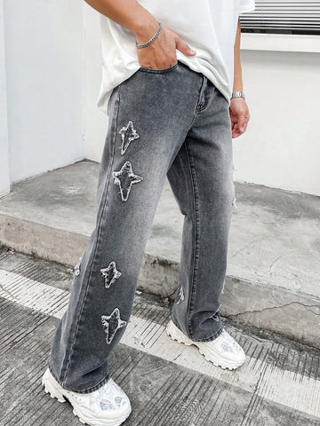 Men's Flared Jeans With Star Appliques Straight Leg Long Acid Wash Dark Jean Cargo Graphic Plain Grey Party Hip Hop Rapper