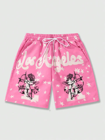 Men's Slogan Angel Printed Shorts, Suitable For Daily Wear In Spring & Summer