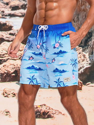 Men's Floral Island Print Drawstring Waist Beach Shorts