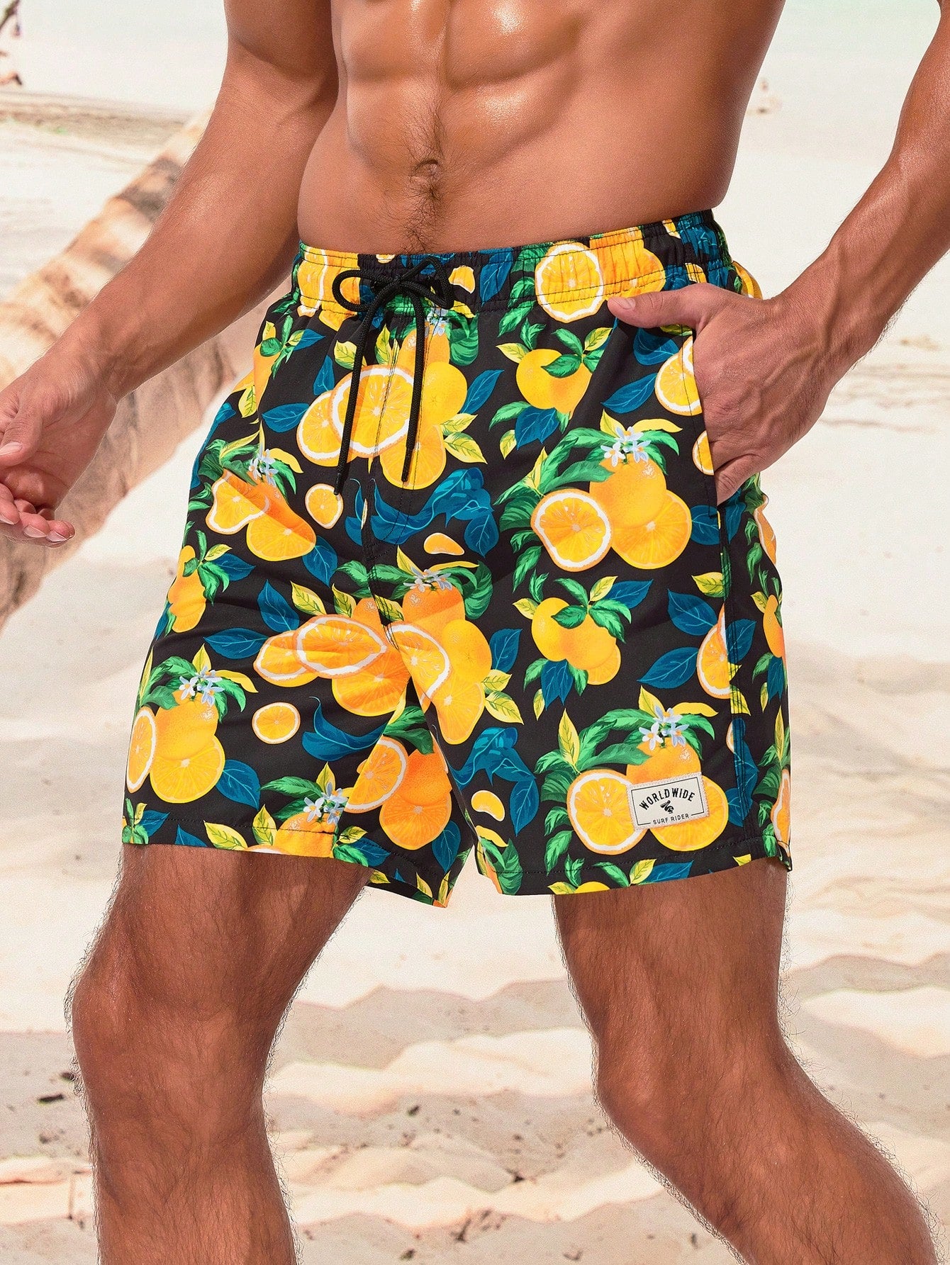 Men's Fruit Print Beach Shorts With Pockets