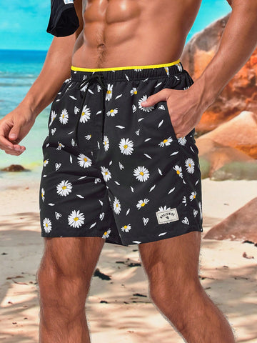 Men's Daisy Print Beach Shorts With Slanted Pockets