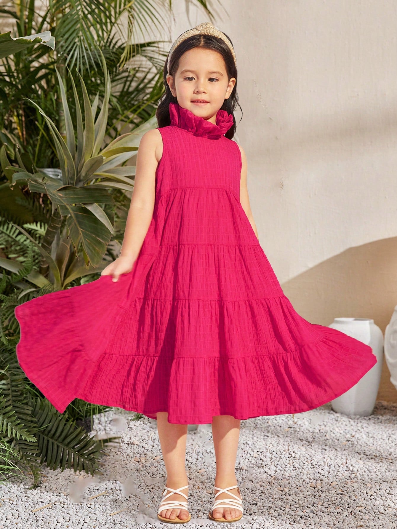 Young Girls' Loose Fit Casual Ruffle Neck Sleeveless Layered Holiday Dress