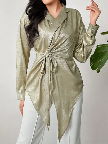 Women's Metallic Fabric Irregular Hemline Shirt