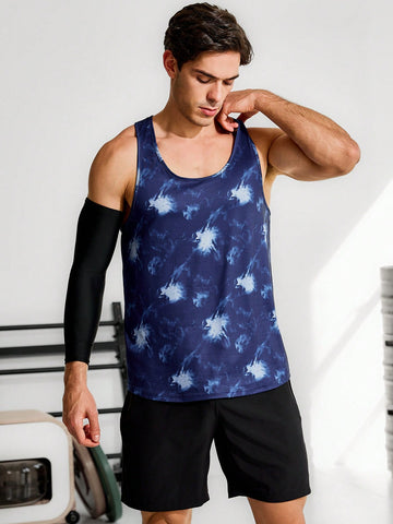 Men's Tie-Dye Print Racerback Workout Tank Top With Geometric Back Workout Tops