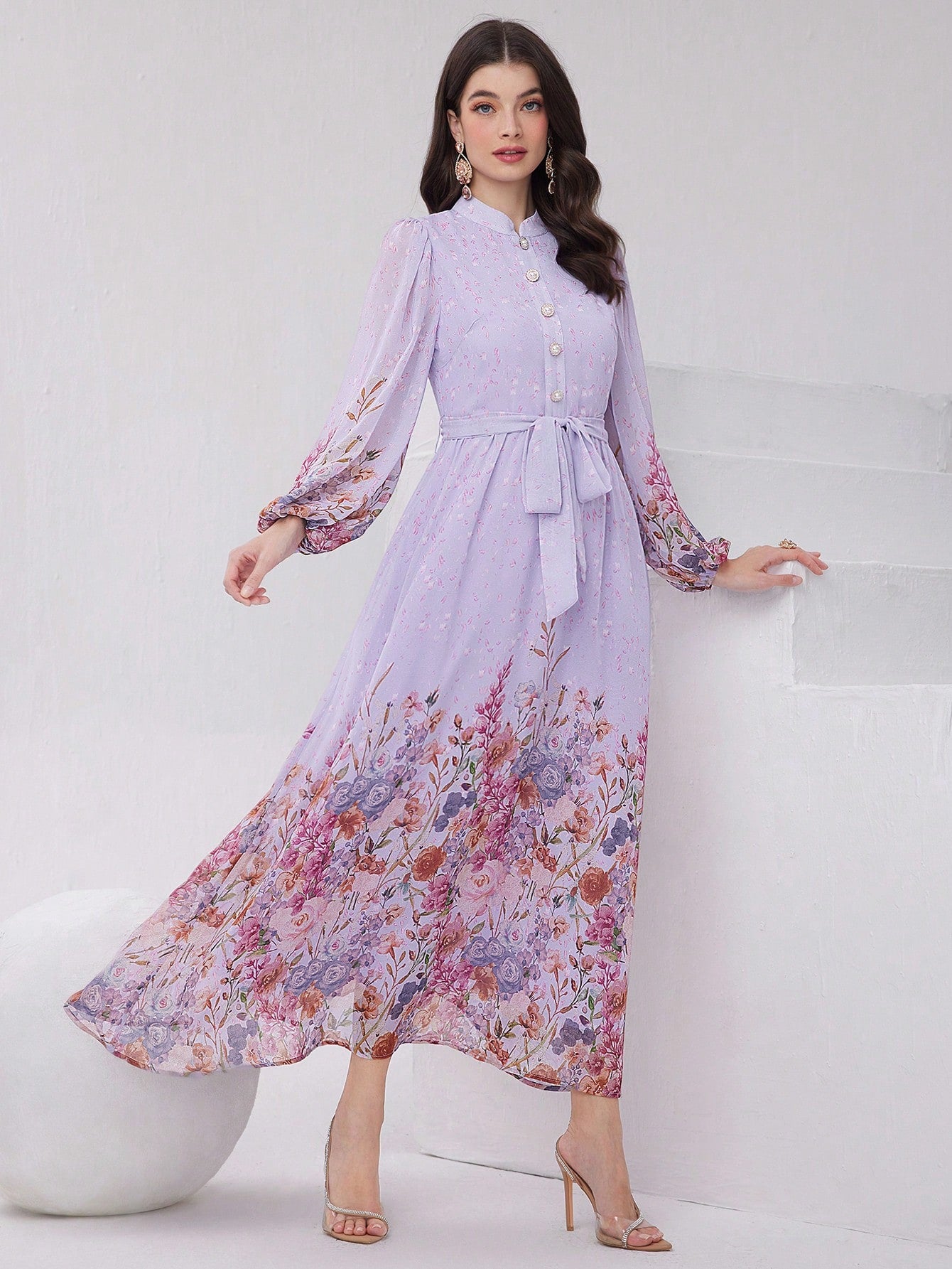 Women's Lantern Sleeve Floral Printed Belted Dress